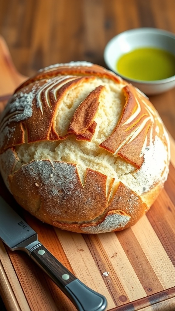 Quick Sourdough Bread Recipe A golden-brown crusted sourdough bread loaf on a wooden board with a knife and olive oil.